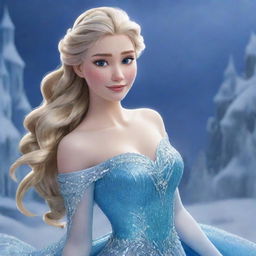 A detailed, sophisticated depiction of Elsa from Disney's Frozen featuring her radiant long, flowing blonde hair, contrasting against her sparkling blue gown and the icy shimmer of the surrounding snowy landscape.