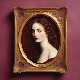 A book cover in burgundy red featuring the face of a woman with open-curled hair