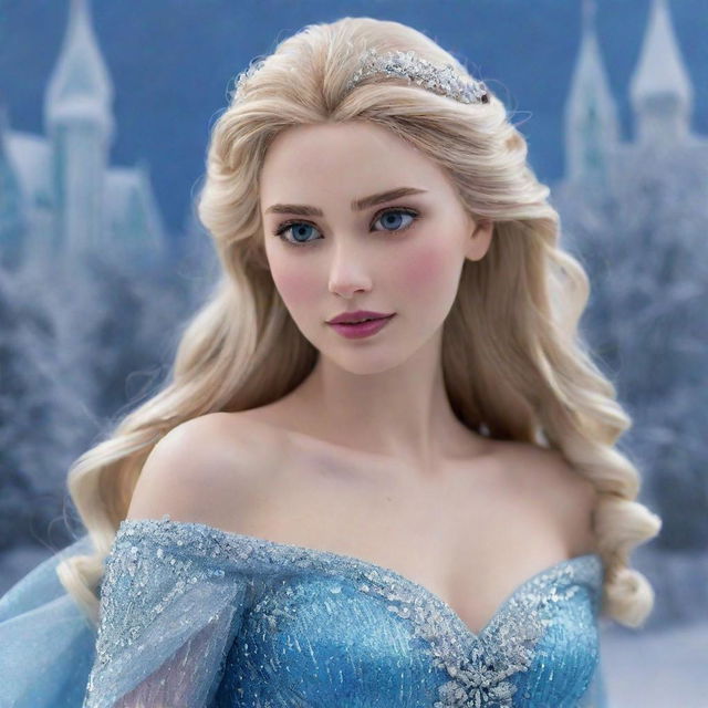 A detailed, sophisticated depiction of Elsa from Disney's Frozen featuring her radiant long, flowing blonde hair, contrasting against her sparkling blue gown and the icy shimmer of the surrounding snowy landscape.