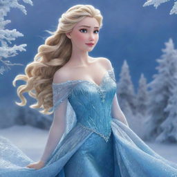 A detailed, sophisticated depiction of Elsa from Disney's Frozen featuring her radiant long, flowing blonde hair, contrasting against her sparkling blue gown and the icy shimmer of the surrounding snowy landscape.