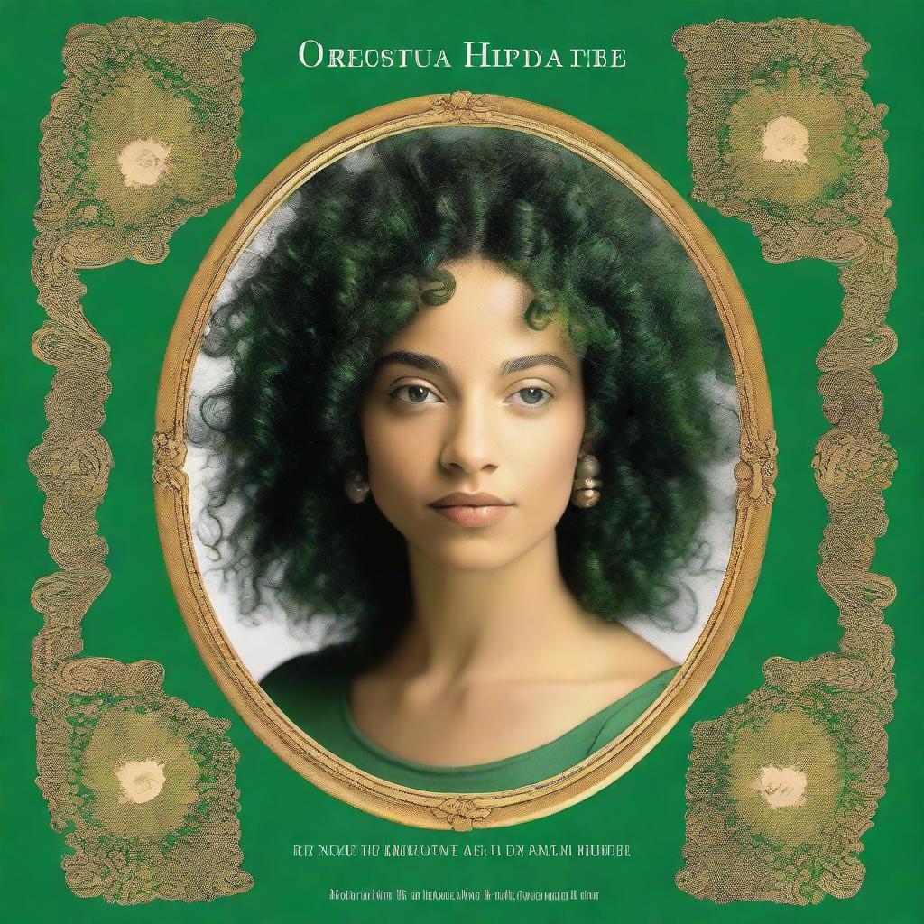 A book cover in a rich shade of green, featuring a woman with curly hair looking at herself in a golden neoclassical mirror