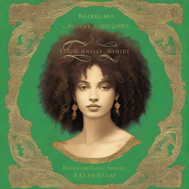 A book cover in a rich shade of green, featuring a woman with curly hair looking at herself in a golden neoclassical mirror