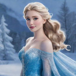 A detailed, sophisticated depiction of Elsa from Disney's Frozen featuring her radiant long, flowing blonde hair, contrasting against her sparkling blue gown and the icy shimmer of the surrounding snowy landscape.