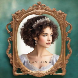 A book cover showcasing a regal, feminine woman with curly hair looking at herself in a royal-style mirror