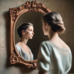 An image of a woman looking at herself in a neoclassical mirror