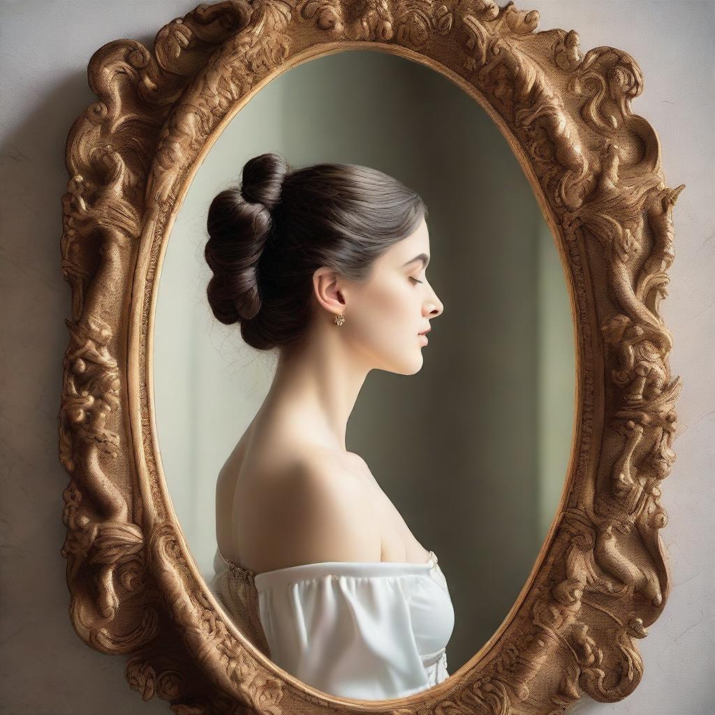 An image of a woman looking at herself in a neoclassical mirror