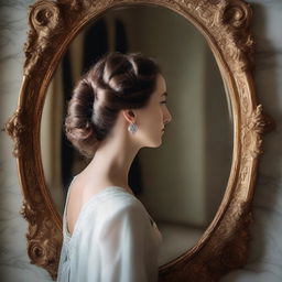 An image of a woman looking at herself in a neoclassical mirror