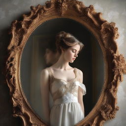 An image of a woman looking at herself in a neoclassical mirror