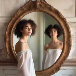 An image of a woman with curly hair seeing herself in a neoclassical mirror