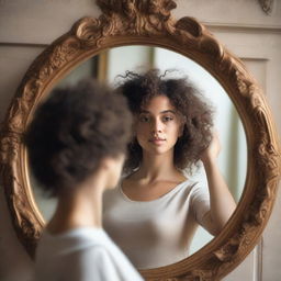 An image of a woman with curly hair seeing herself in a neoclassical mirror