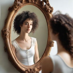 An image of a woman with curly hair seeing herself in a neoclassical mirror