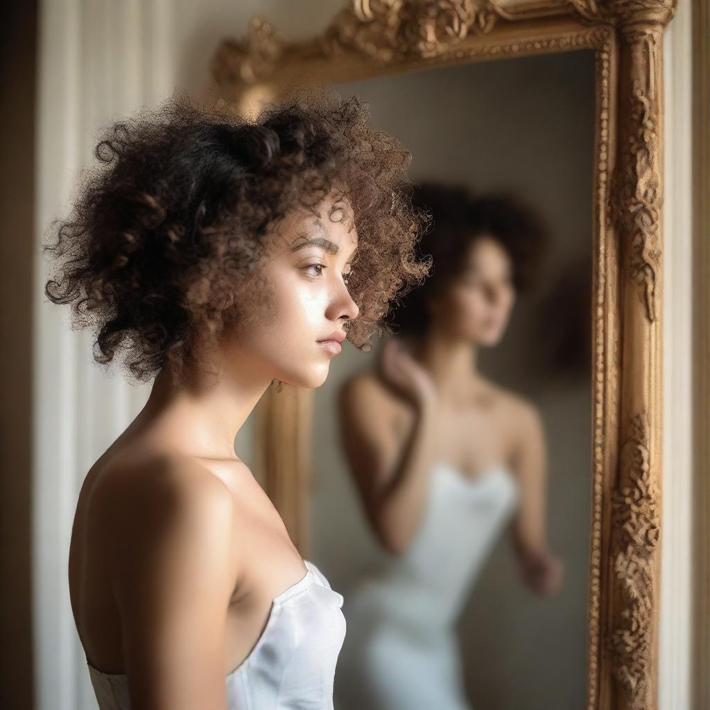 An image of a woman with curly hair seeing herself in a neoclassical mirror