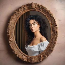 An image of a Latina woman with curly hair seeing herself in a neoclassical mirror