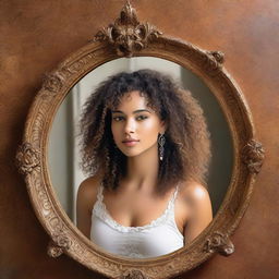 An image of a Latina woman with curly hair seeing herself in a neoclassical mirror