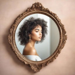 An image of a Latina woman with curly hair seeing herself in a neoclassical mirror