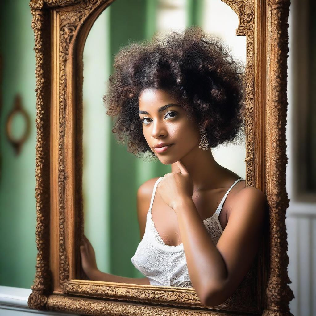 An image of a Brazilian woman with curly hair looking at herself in a neoclassical mirror