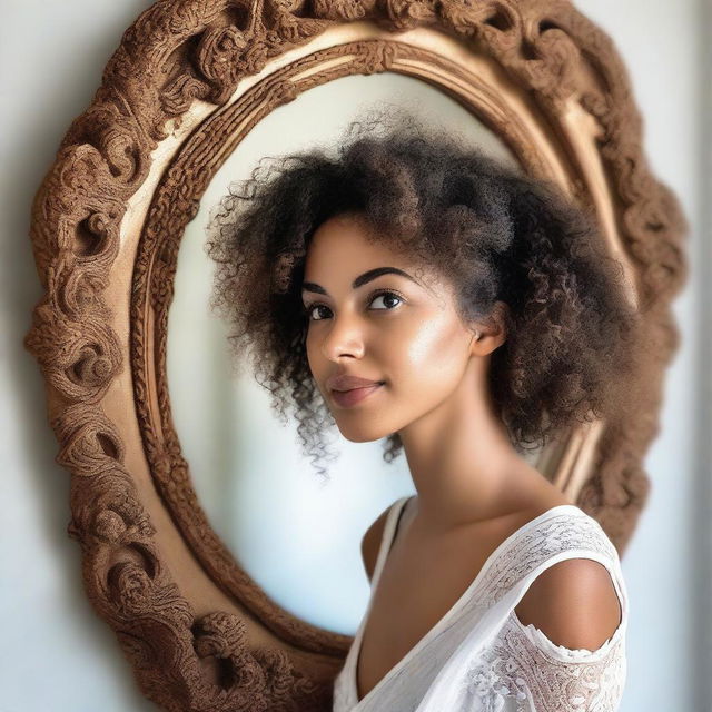 An image of a Brazilian woman with curly hair seeing her own reflection in a neoclassical mirror