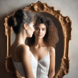 An image of a woman with curly hair seeing her own reflection in a neoclassical mirror