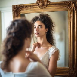 An image of a woman with curly hair seeing her own reflection in a neoclassical mirror