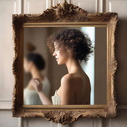 An image of a woman with curly hair seeing her own reflection in a neoclassical mirror