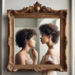 An image of a woman with curly hair seeing her own reflection in a neoclassical mirror