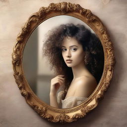 An image inspired by the phrase 'Mirror, mirror on the wall', featuring a woman with curly hair holding a golden neoclassical mirror