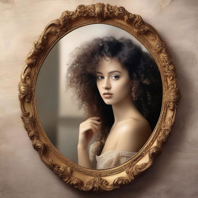 An image inspired by the phrase 'Mirror, mirror on the wall', featuring a woman with curly hair holding a golden neoclassical mirror