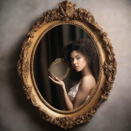 An image inspired by the phrase 'Mirror, mirror on the wall', featuring a woman with curly hair holding a golden neoclassical mirror