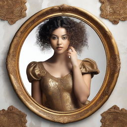 An image inspired by the phrase 'Mirror, mirror on the wall', featuring a woman with curly hair holding a golden neoclassical mirror