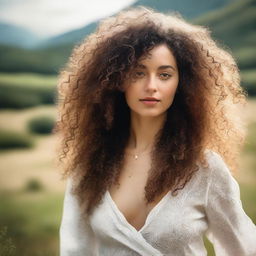 An image of a woman with curly hair in nature, styled in a classic way