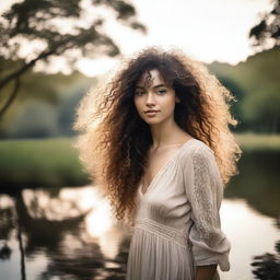 An image of a woman with curly hair in nature, styled in a classic way