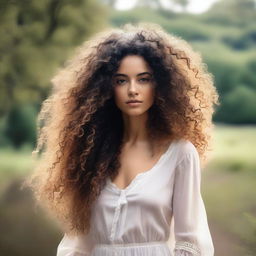 An image of a woman with curly hair in nature, styled in a classic way