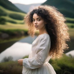 An image of a woman with curly hair in nature, styled in a classic way