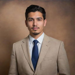 An artistic, formal portrait of a man named Elias Aaron Solis Melgarejo, characterized by respectful realism and tasteful stylistic choices, set against a modest yet engaging background.