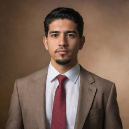 An artistic, formal portrait of a man named Elias Aaron Solis Melgarejo, characterized by respectful realism and tasteful stylistic choices, set against a modest yet engaging background.