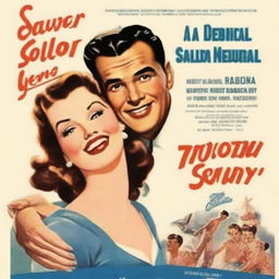 Generate a movie poster for a 1950s musical about the love story between a sailor and a seamstress