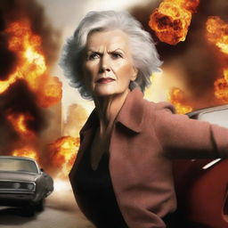 Generate a poster for an action movie featuring an older woman as the protagonist