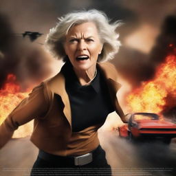 Generate a poster for an action movie featuring an older woman as the protagonist