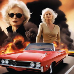 Generate a poster for an action movie featuring an older woman as the protagonist