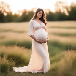 A beautiful pregnant woman in a flowing dress standing in a serene meadow during sunset