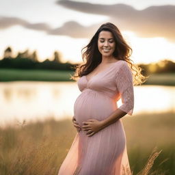 A beautiful pregnant woman in a flowing dress standing in a serene meadow during sunset