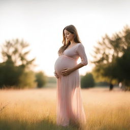 A beautiful pregnant woman in a flowing dress standing in a serene meadow during sunset