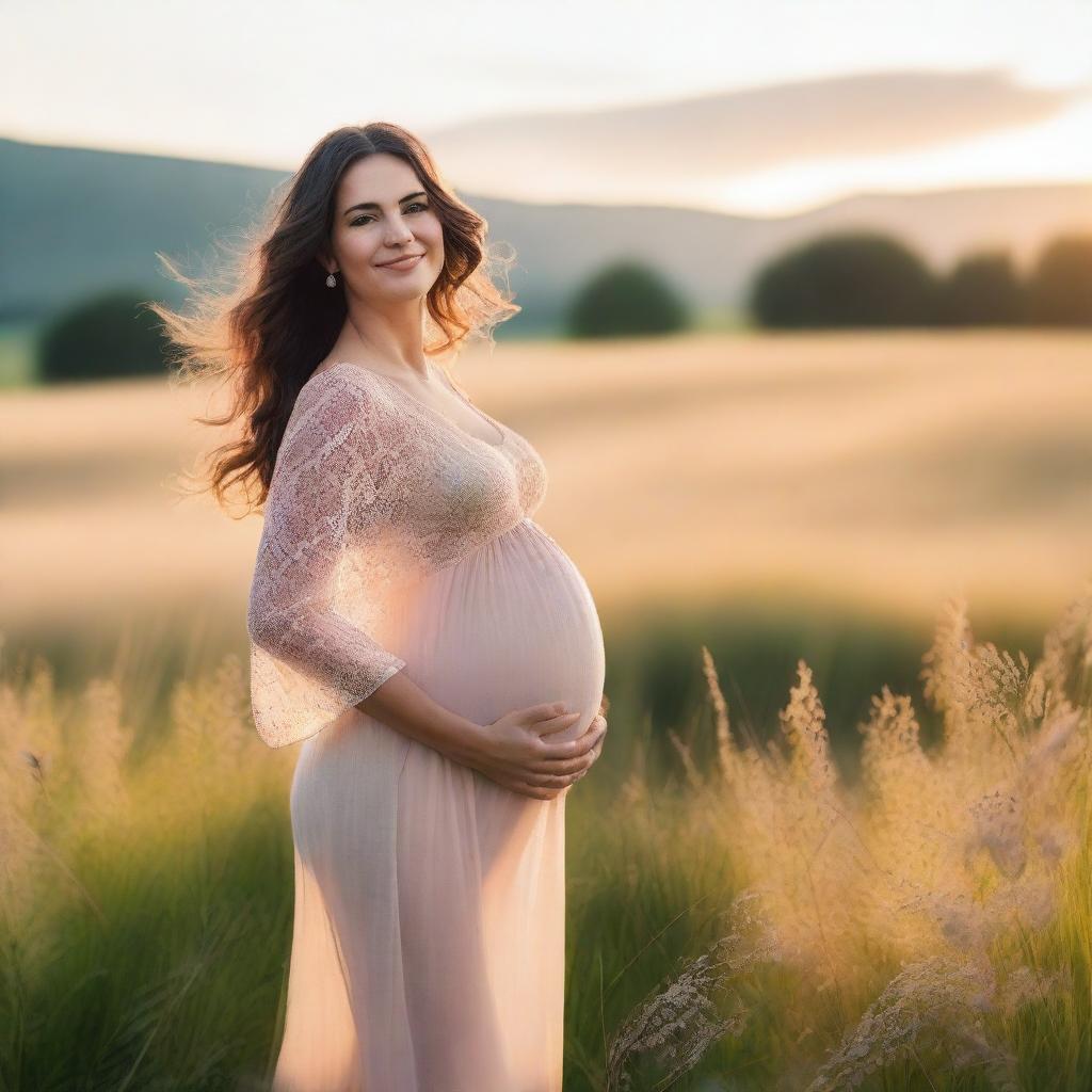 A beautiful pregnant woman in a flowing dress standing in a serene meadow during sunset