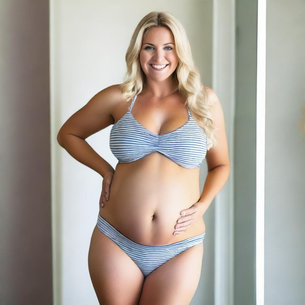 A blonde pregnant woman with a voluptuous figure standing in front of a mirror