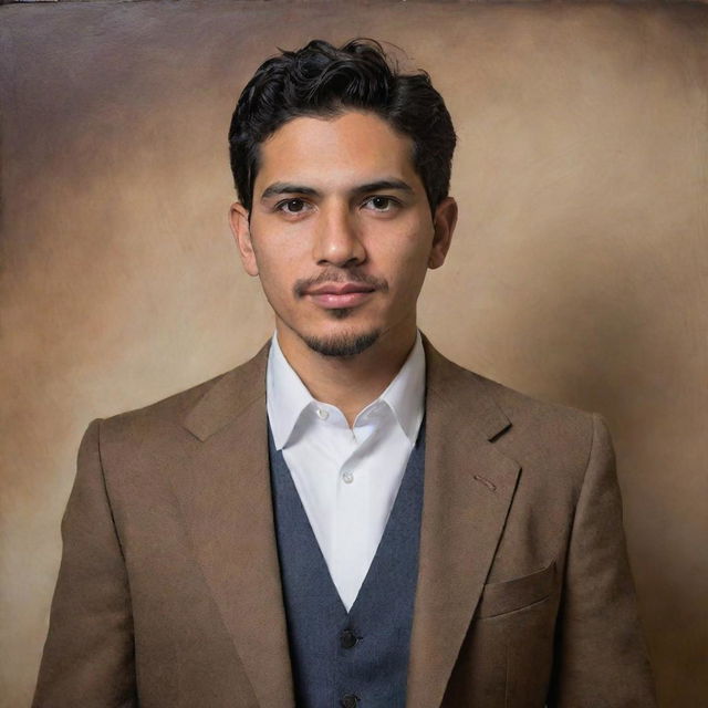 An artistic, formal portrait of a man named Elias Aaron Solis Melgarejo, characterized by respectful realism and tasteful stylistic choices, set against a modest yet engaging background.