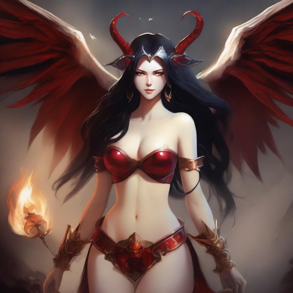 Generate a love portrait of a seductive succubus with pale skin, long black hair, and red horns, and a charming archangel with golden tan skin, shoulder length brown hair, and an attractive smile