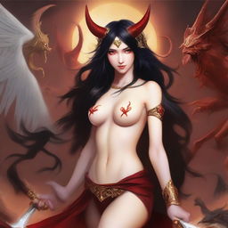 Generate a love portrait of a seductive succubus with pale skin, long black hair, and red horns, and a charming archangel with golden tan skin, shoulder length brown hair, and an attractive smile