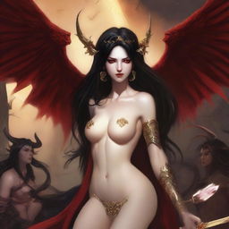 Generate a love portrait of a seductive succubus with pale skin, long black hair, and red horns, and a charming archangel with golden tan skin, shoulder length brown hair, and an attractive smile