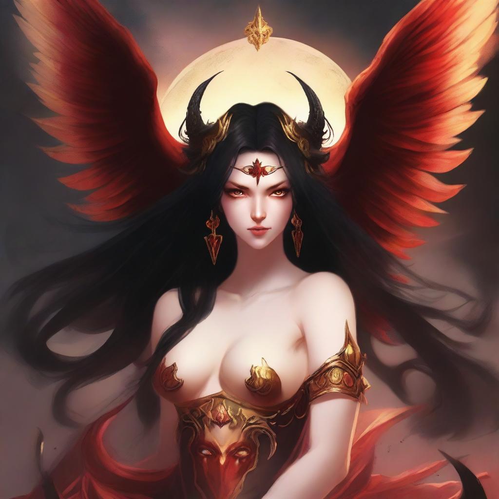 Generate a love portrait of a seductive succubus with pale skin, long black hair, and red horns, and a charming archangel with golden tan skin, shoulder length brown hair, and an attractive smile