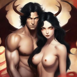 Create a book cover featuring a succubus with porcelain skin, long wavy black hair, and small red horns